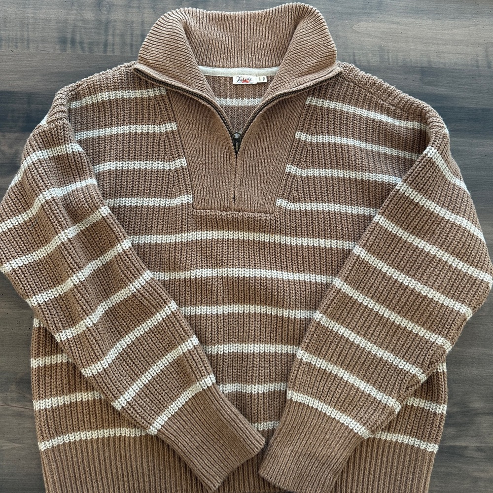 Faherty Mariner Striped Tan and Cream Women's Sweater - Picture 2 of 4